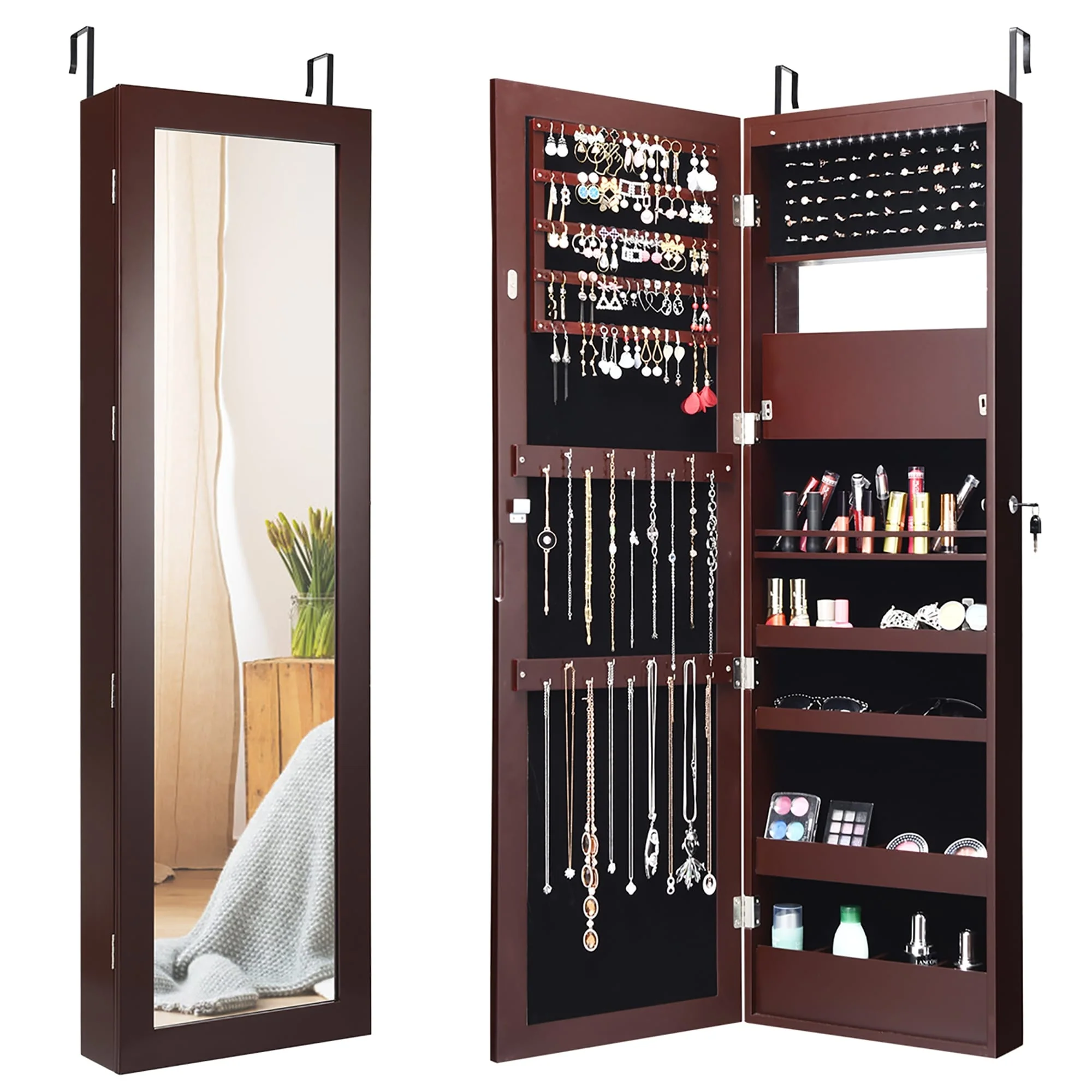 Lockable Jewelry Armoire LED Jewelry Cabinet with Full Length Mirror