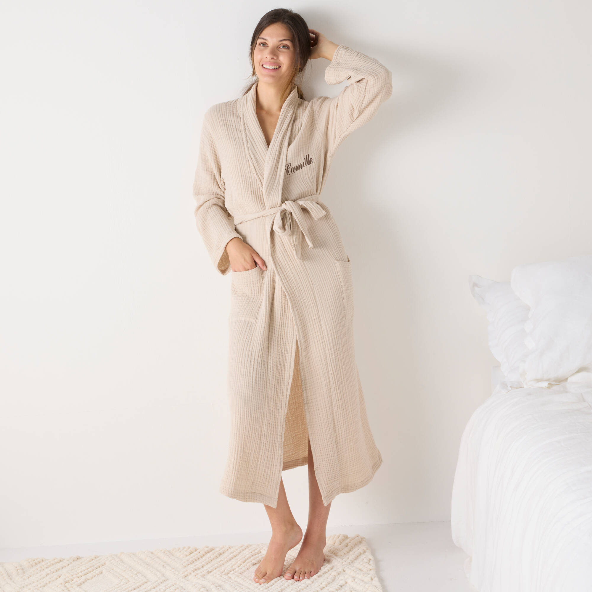 Peignoir col ch&acirc;le mixte triple gaze de coton Colombine&reg;, personnalisable