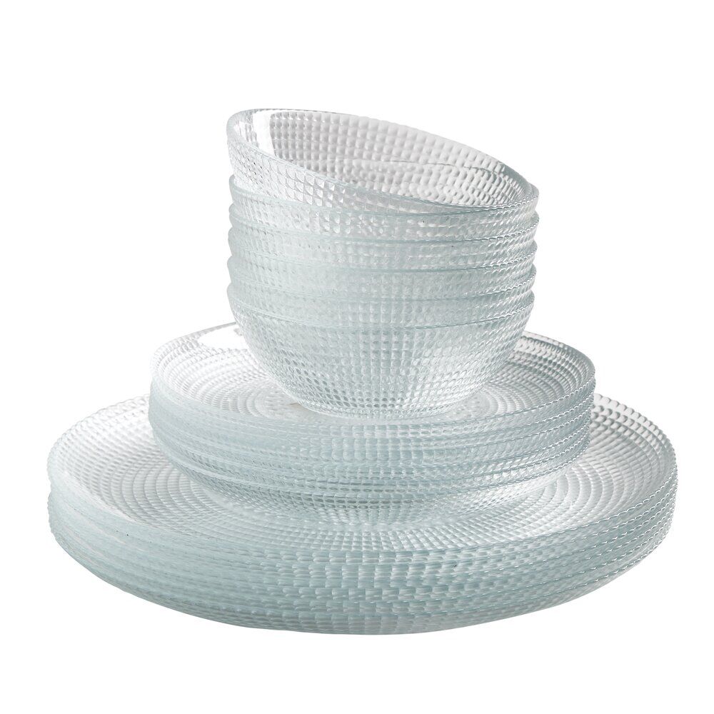 Service vaisselle en verre transparent 18 pièces pour 6 personnes