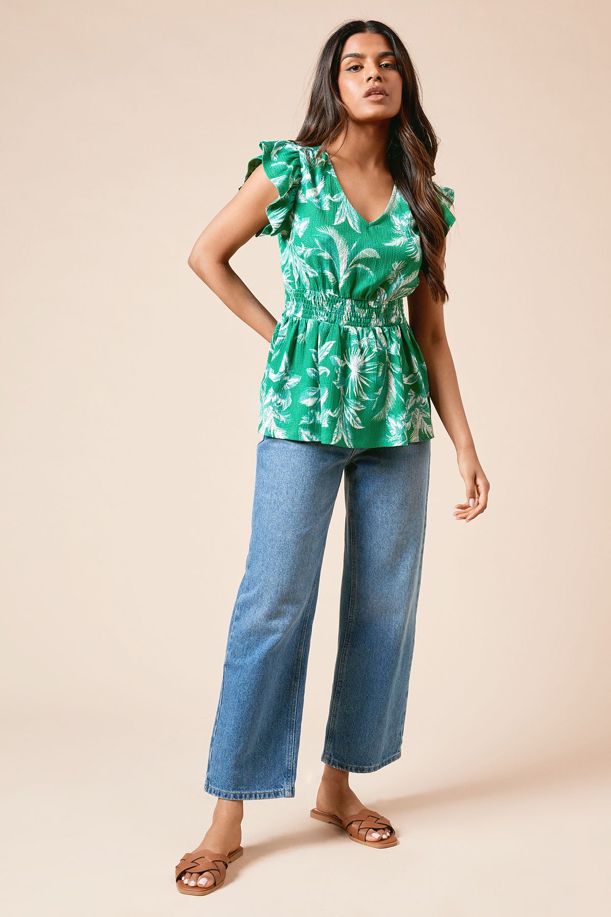 Dorothy Perkins Petite Palm Printed Flutter Sleeve Peplum Jersey Top