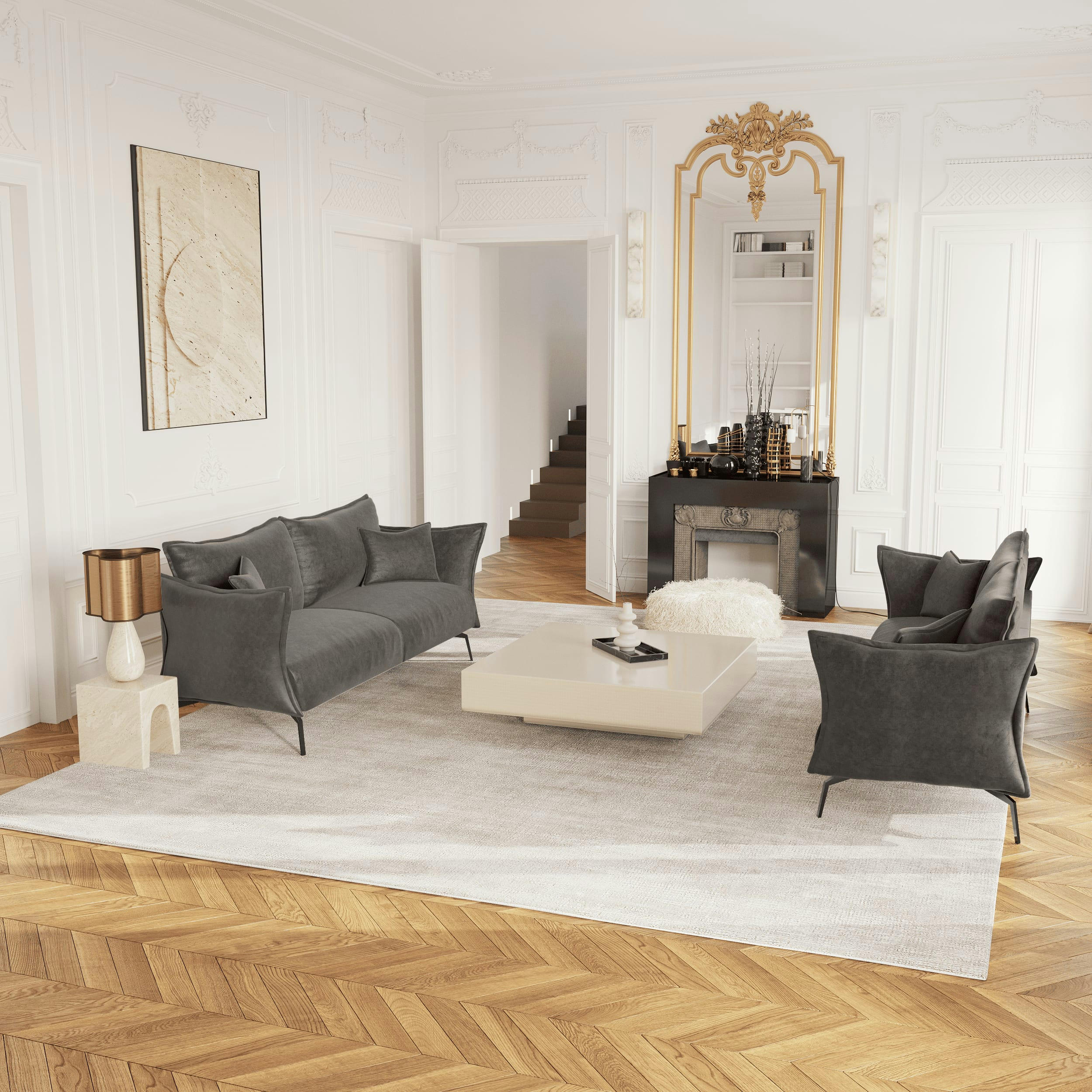 LENNY - Canapé 3 places tissu effet cuir vintage gris étain