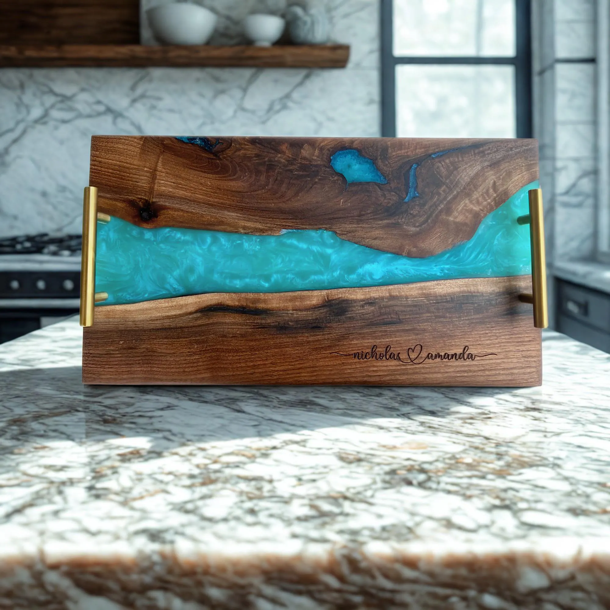 Personalized Black Walnut Epoxy River Charcuterie Board, Personalized Serving Tray