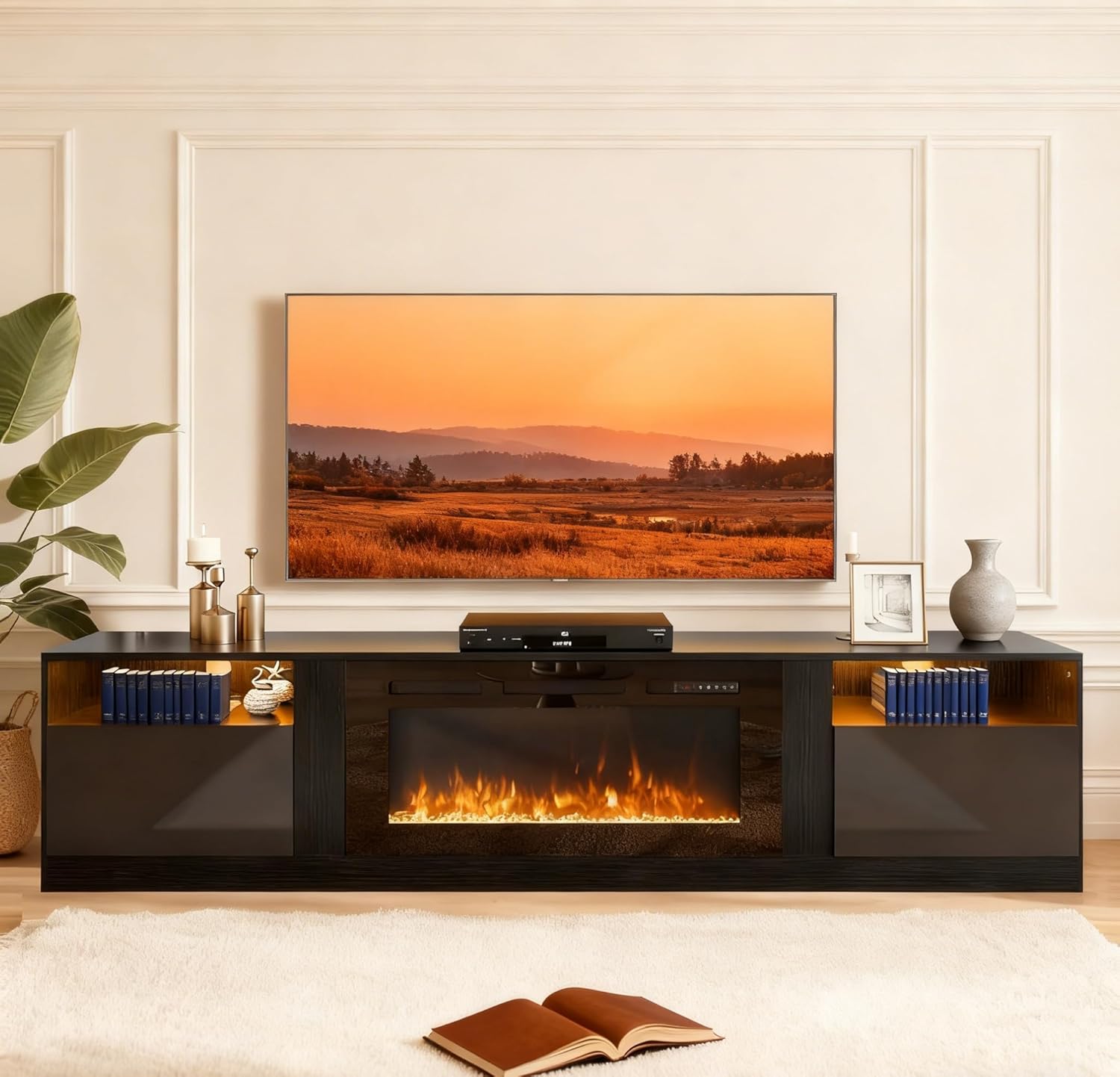 MXV 80 Fireplace TV Stand for TVs Up to 90, LED Light Entertainment Center with 36 Electric Fireplace, Modern Wood Texture TV Media Console with Highlight Storage Cabinet, Black+Black