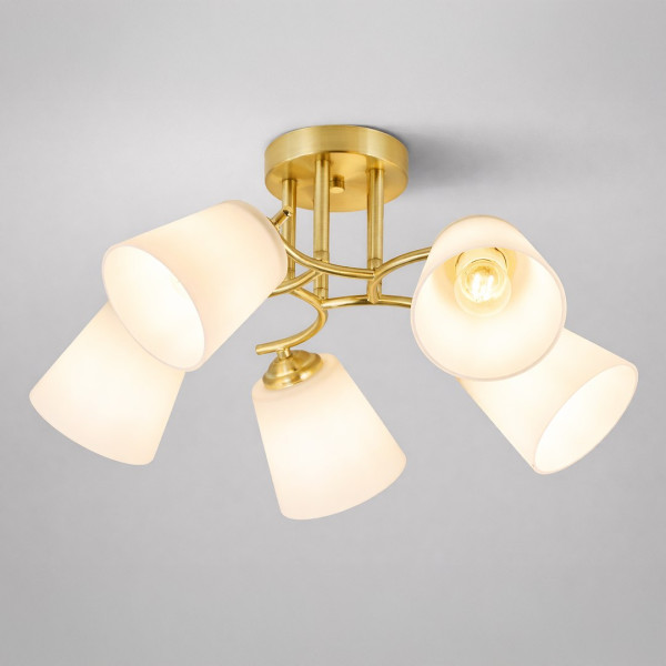 Lampa sufitowa 5xE27 złota z białymi kloszami