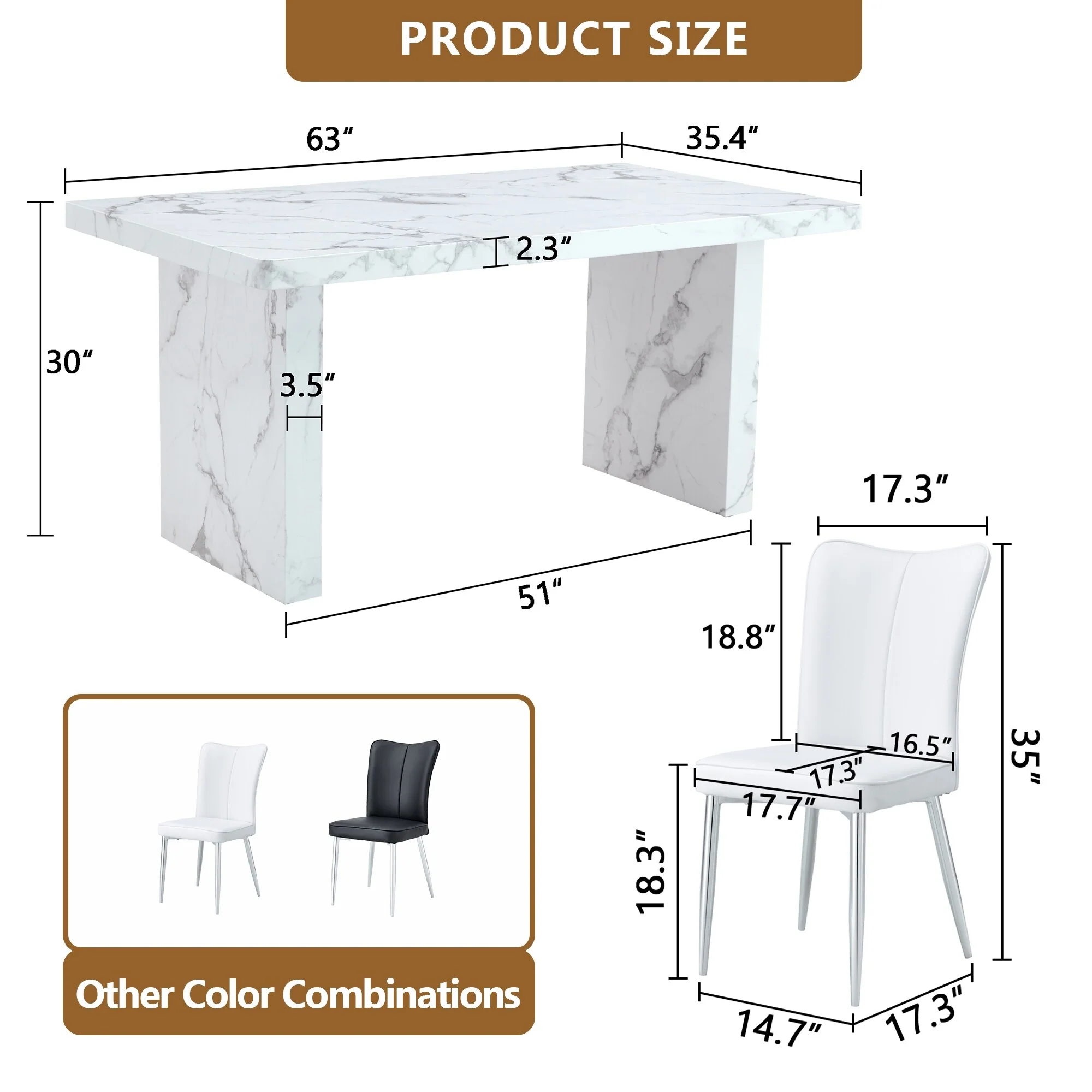 Table and chair set, Imitation Marble Pattern MDF Dining Table Set - 4 PU Chairs with a vertical stripe design on the backrest