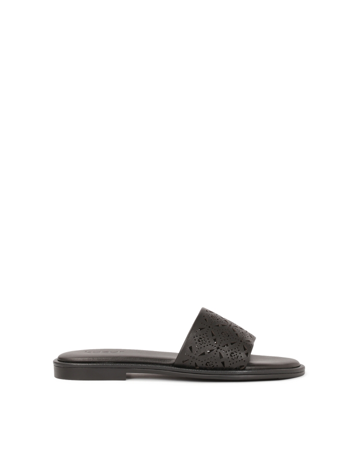 Black leather slides with openwork decoration