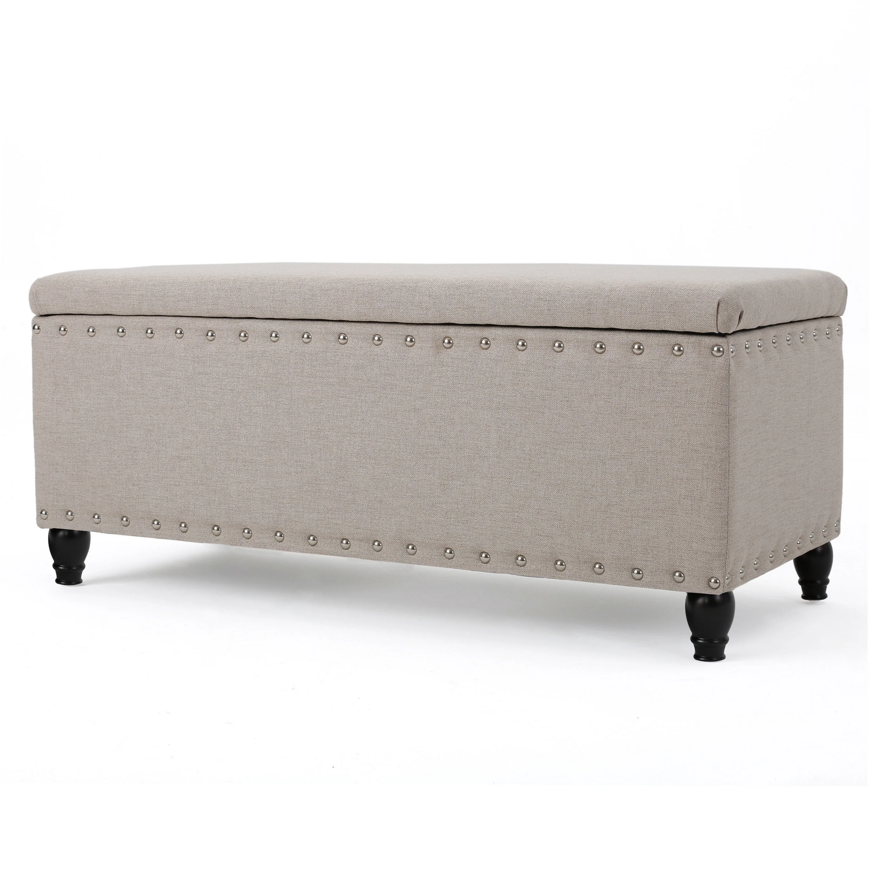 Sharon Storage Ottoman Bench, Beige Fabric, Nailhead Trim, 42 Inch