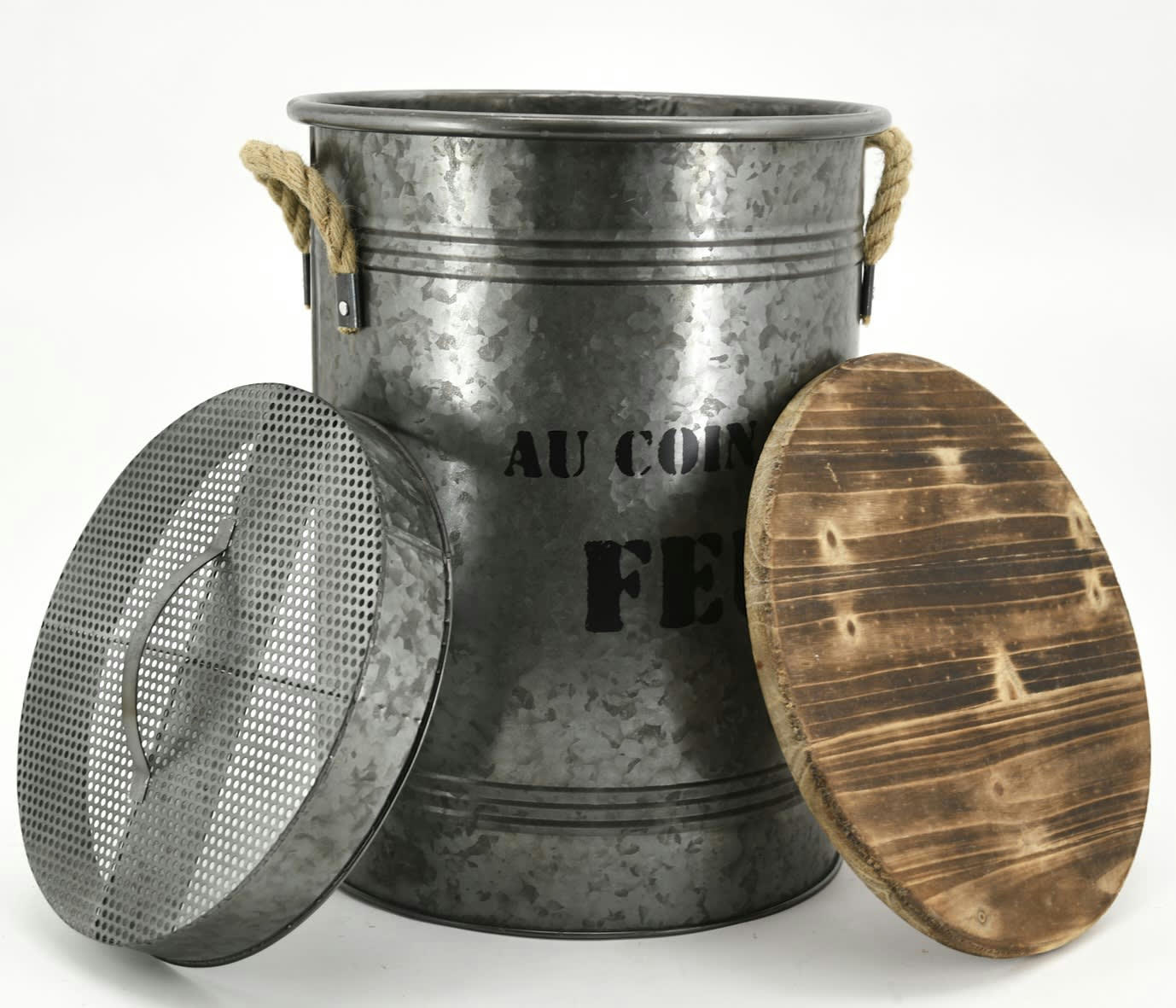 - Tabouret et seau à pellets métal galvanisé au coin du feu