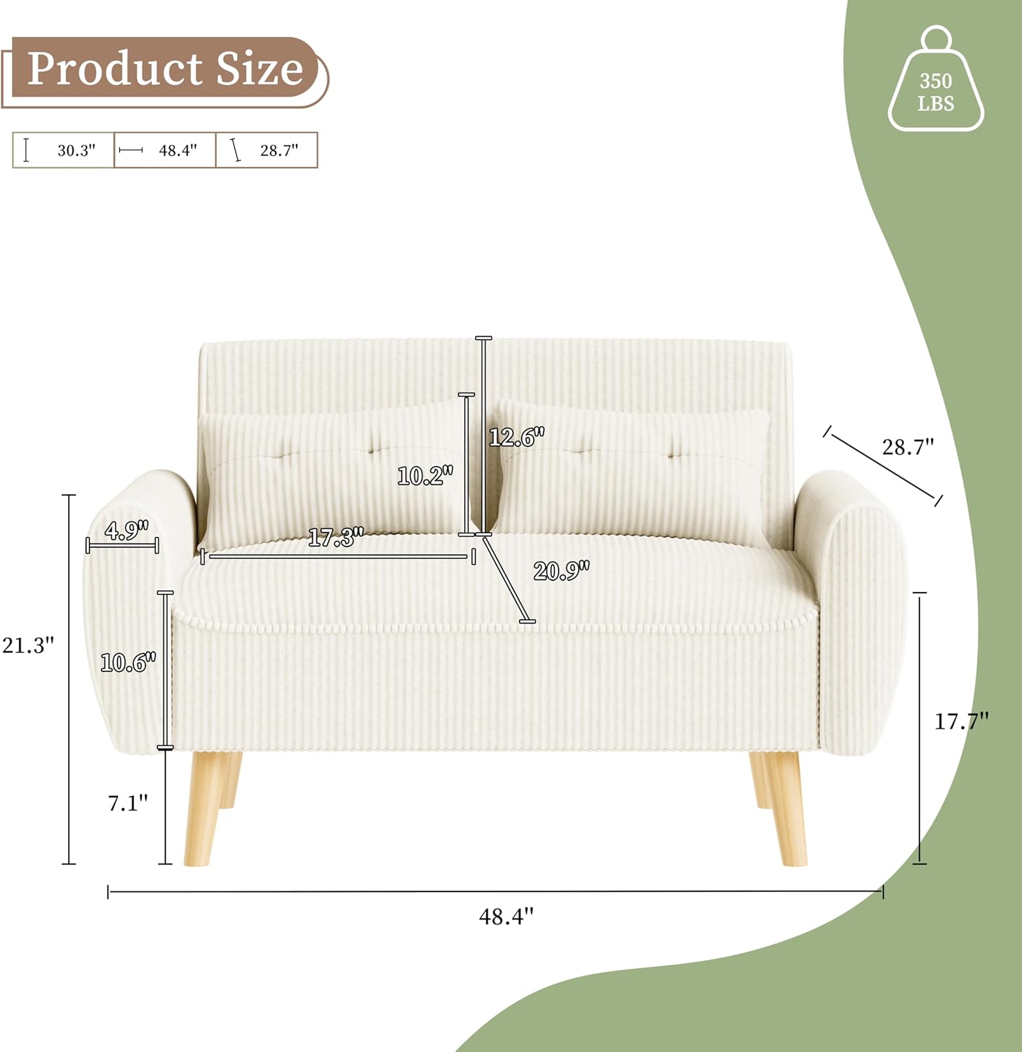 Vongrasig 48 Small Modern Loveseat Sofa, Mid Century Soft Corduroy Fabric 3-Seat Sofa Couch Tufted with Back Cushions and Tapered Legs for Living Room, Bedroom and Small Space, White
