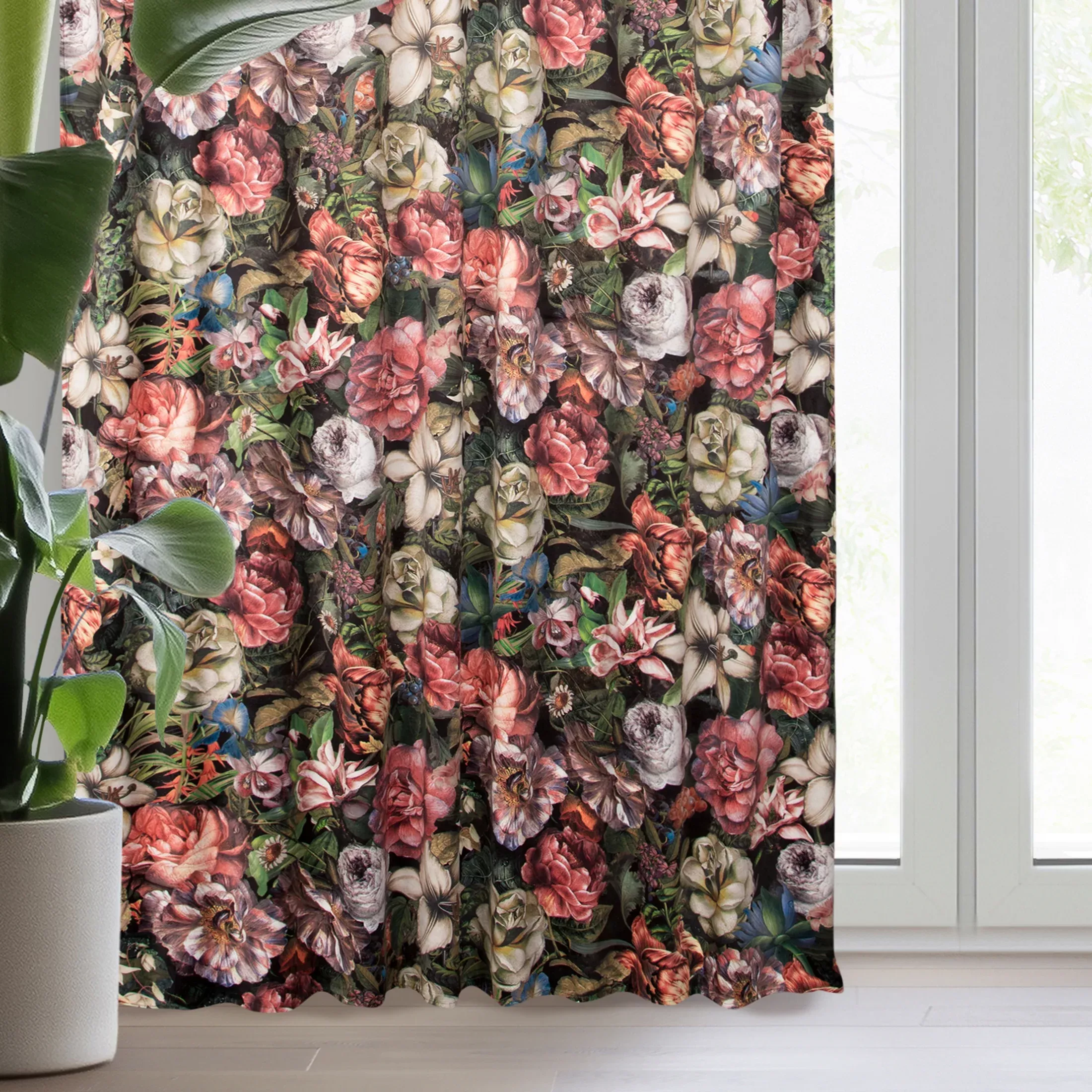 Zasłona bordowo, zielona ze wzorem kwiatowym z welwetu 140x270 cm taśma /szelki - PEONIA