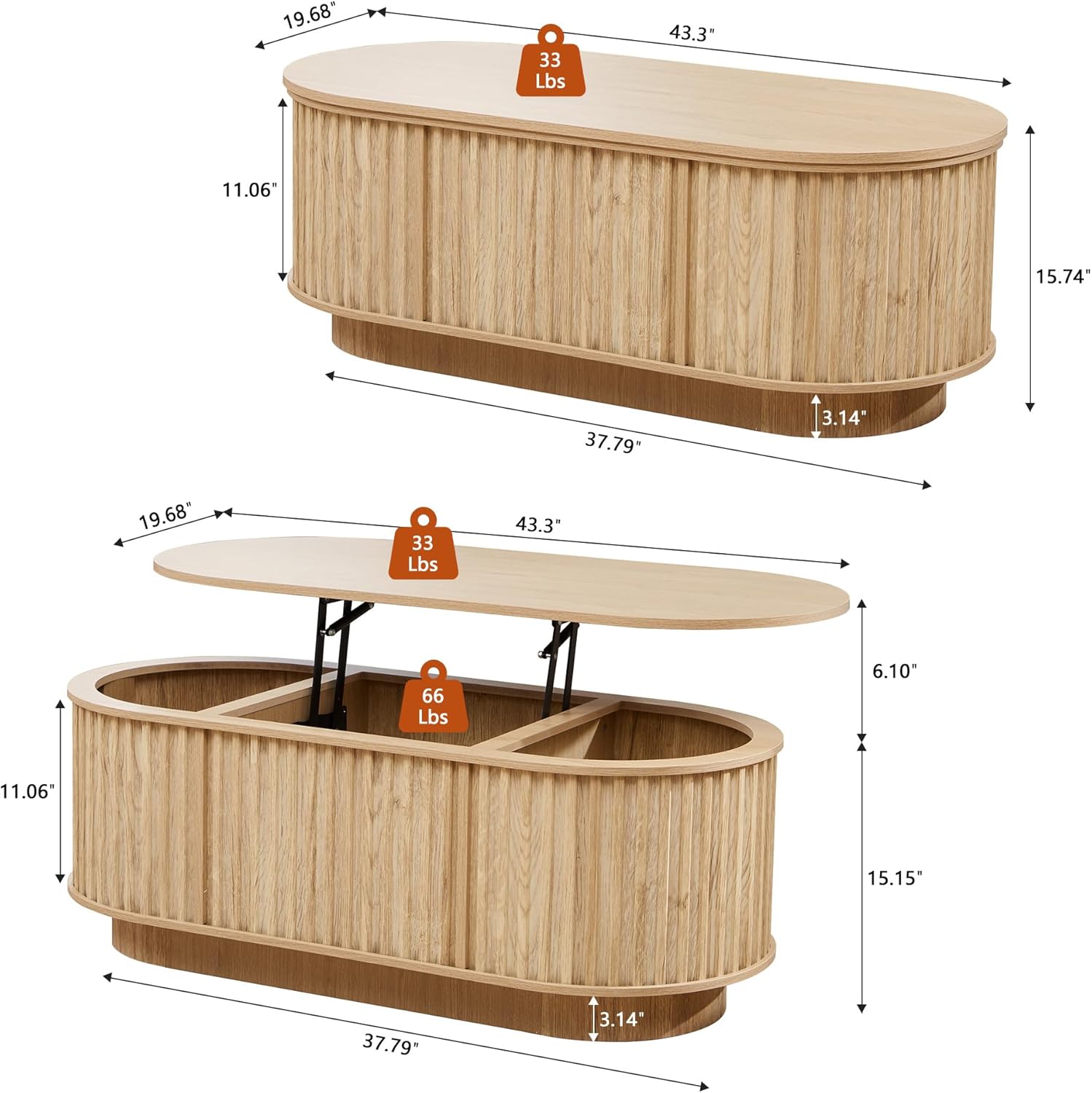 43.3''Lift Top Coffee Table with Storage,Oval Center Table with Hidden Compartment,Mid Century Modern Coffee Tables for Living Room,Fluted Wooden Lift Tabletop for Small Space Apartment Office,Natural