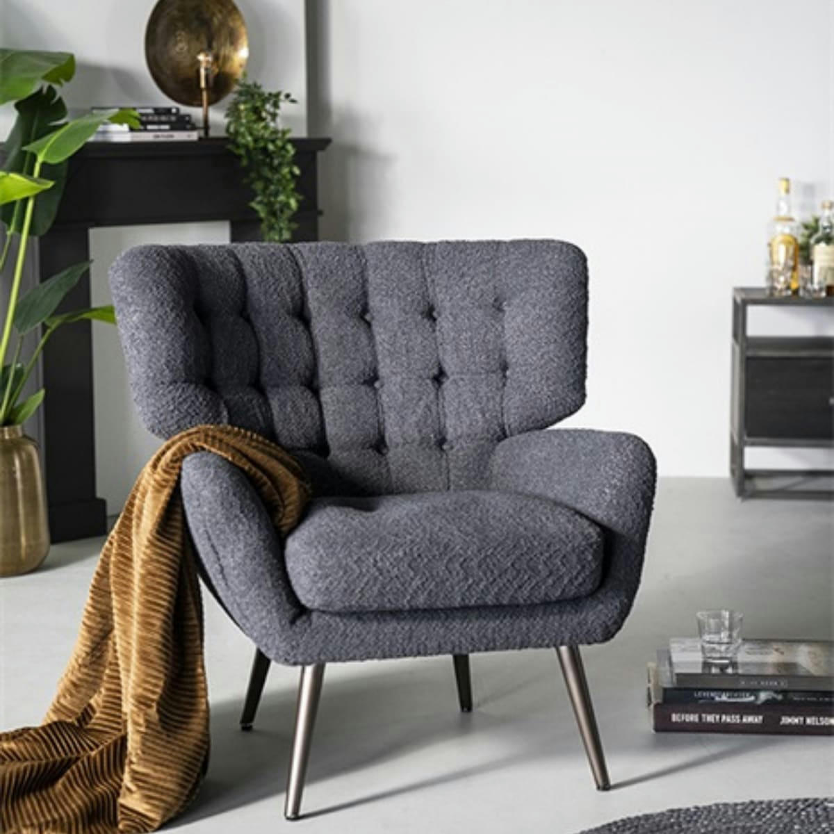 PIPOU - Fauteuil haut dossier en tissu bouclé gris