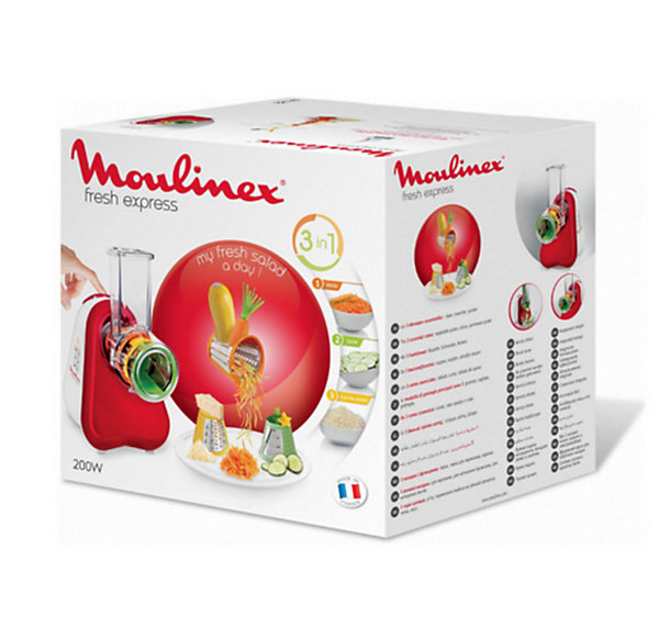 MOULINEX Découpe-légumes électrique, Râpe 3-en-1, Systeme de cônes couleur, Large goulotte, Fresh Express DJ753510