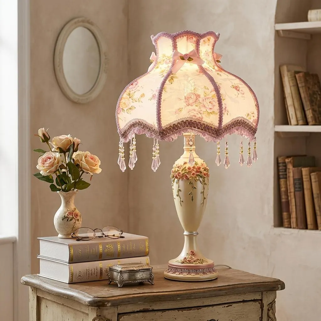 Vintage Shabby Chic Table Lamp, Pink Floral Tassel Lampshade, Ornate Bedside Lamp for Bedroom Cottage Decor