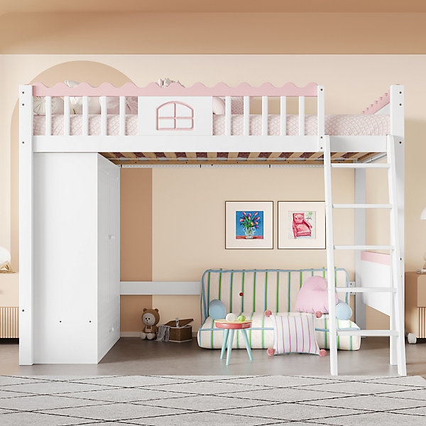 Lit Mezzanine 90x200 cm - Lit Simple avec Tiroir de Rangement et Penderie, éclairage LED Télécommandé, Sans Matelas - Blanc