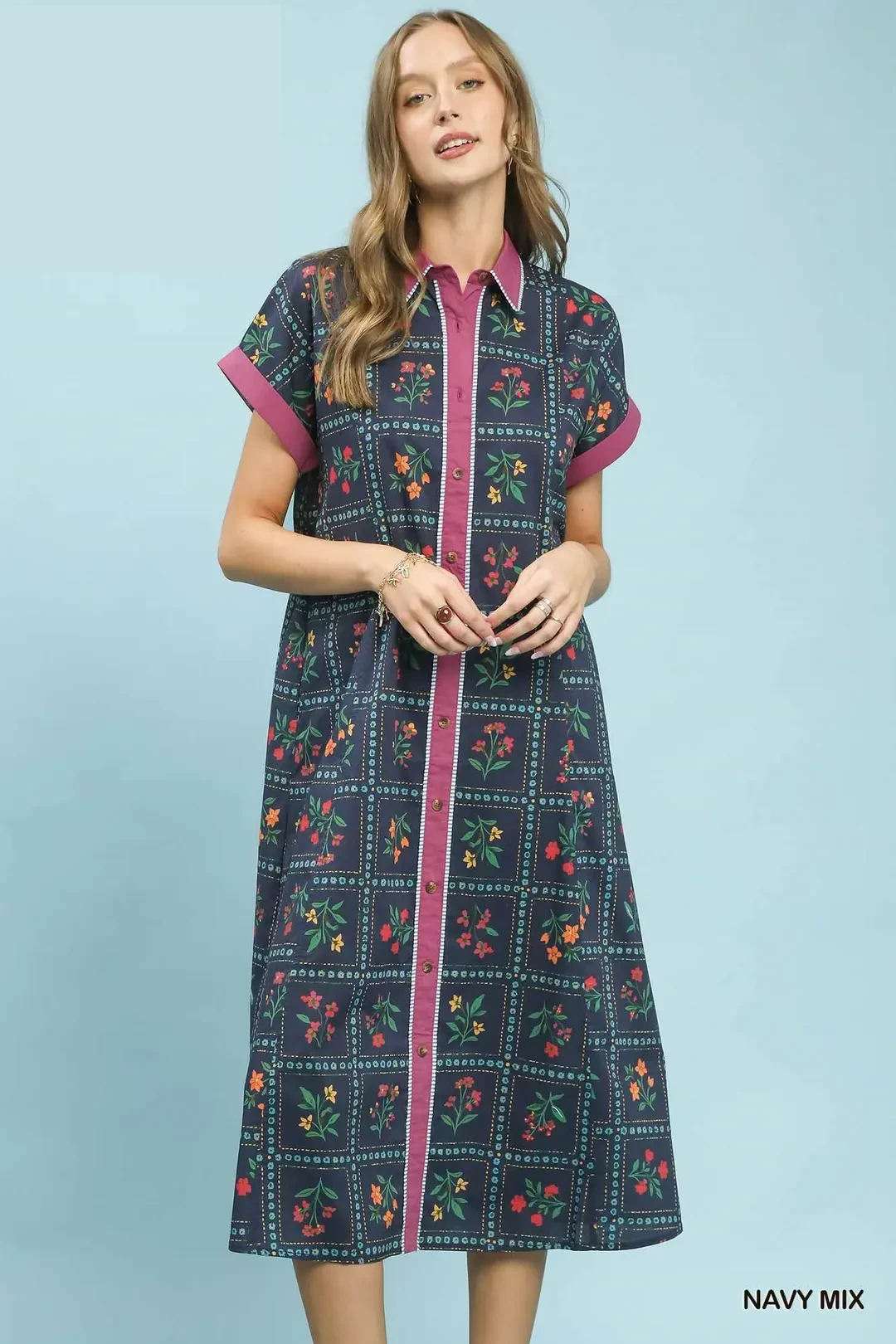 Mix Floral Button-Front Midi Dress