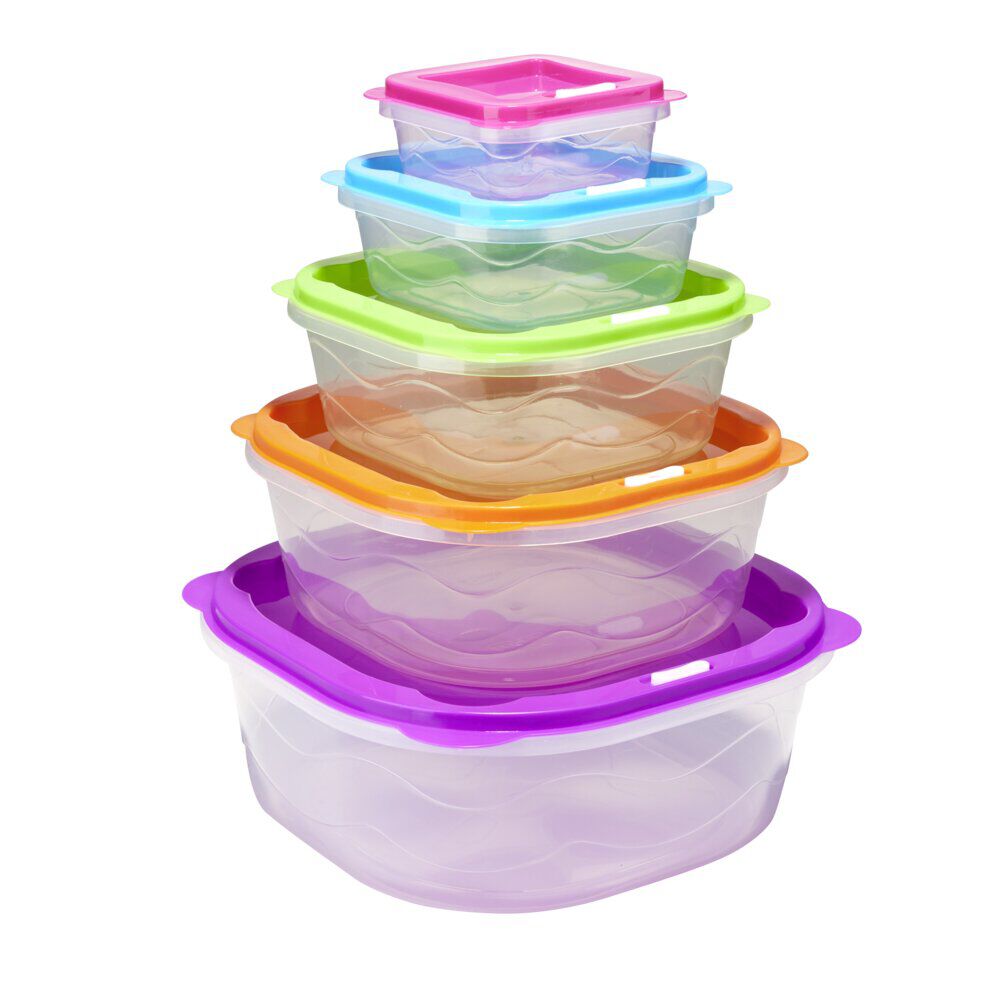 BoÎte alimentaire x5 emboÎtable plastique couvercle multicolore 25x25xH10,5cm