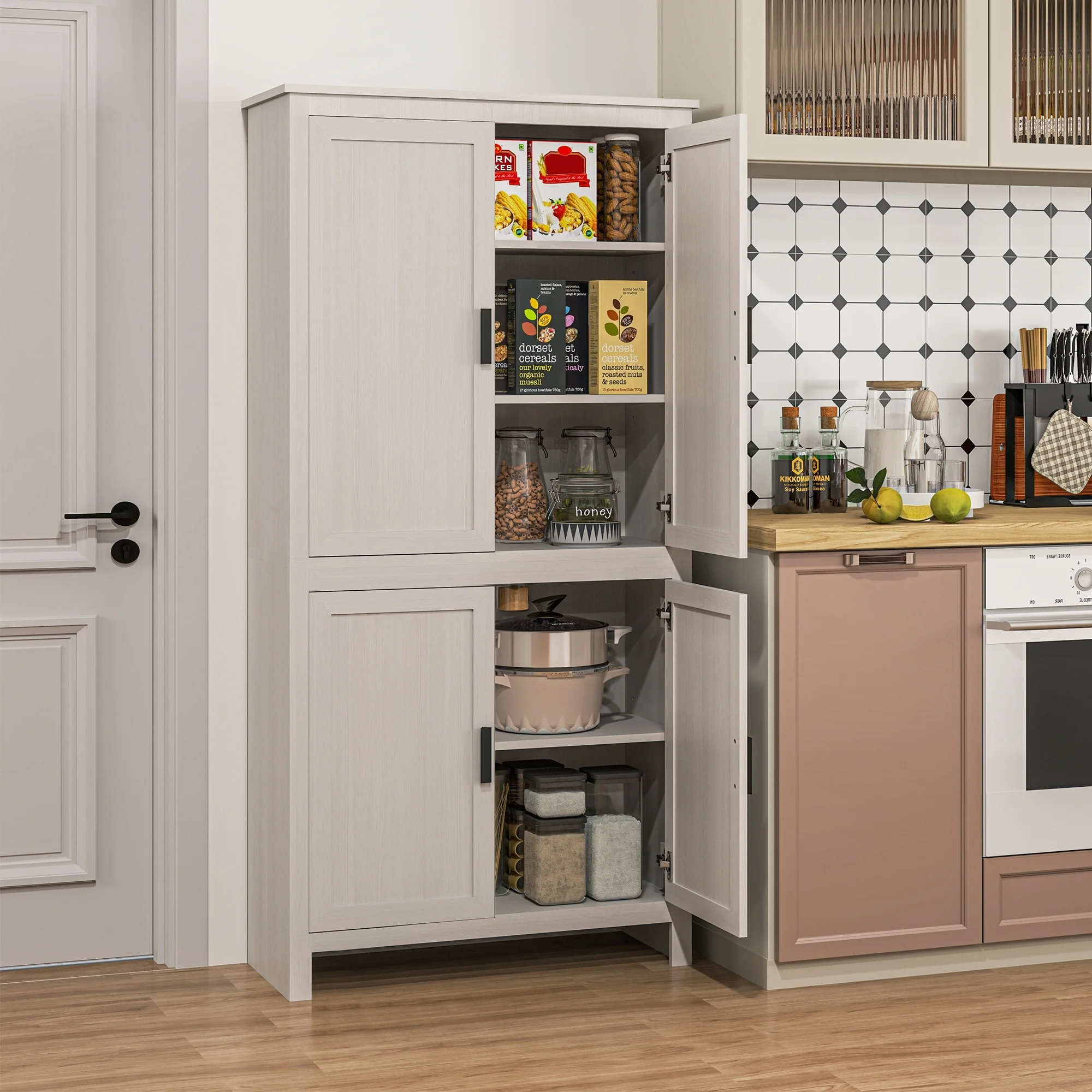 HOMCOM 64 Kitchen Pantry Cabinet, Freestanding Storage Cabinet with 4 Doors and 3 Adjustable Shelves for Dining Room