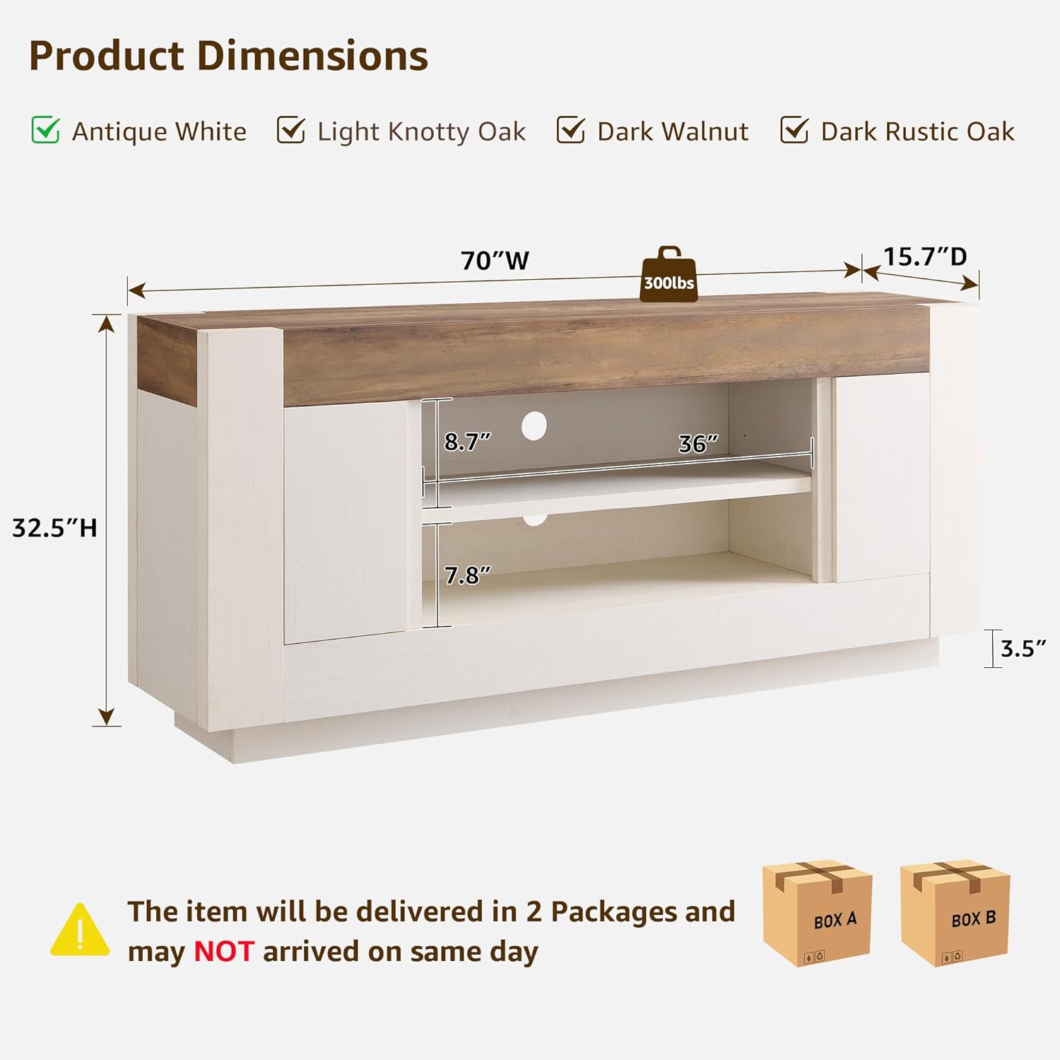 OKD Modern 70 TV Stand, Entertainment Center for TVs Up to 80, Media Console with Large Open Storage & Side Cabinets, Thick Wood Design for Living Room, Antique White