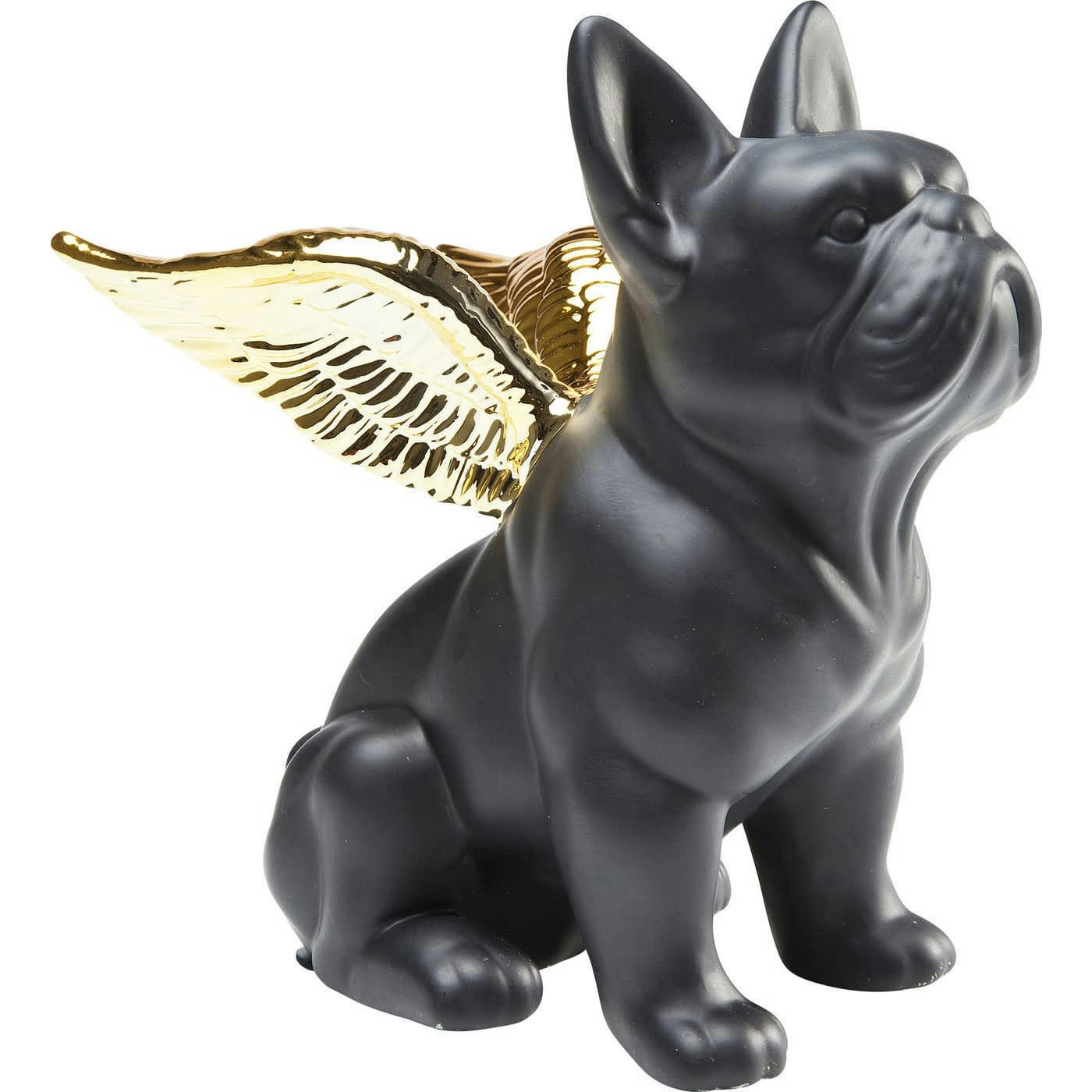 SITTING ANGEL DOG - Statuette bouledogue noir ailes dorées
