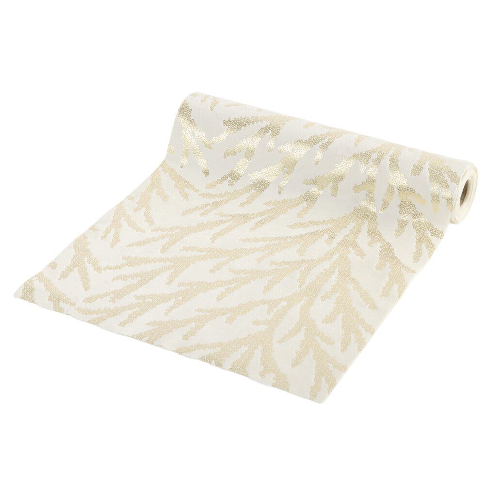 Chemin de table imitation velours imprimé branche L300X28 cm blanc et argenté