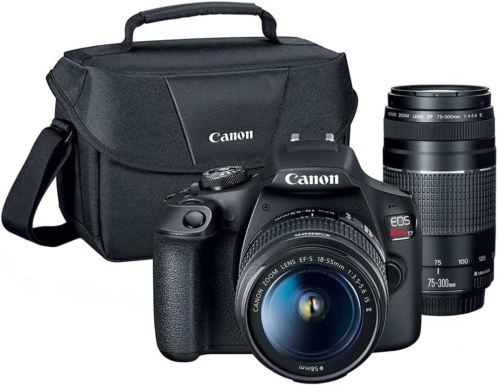 Canon EOS Rebel T7 DSLR Camera with EF18-55mm + EF 75-300mm Double Zoom Kit 2727C021 Bundle with Lexar Premium 64GB SDXC Memory Card  Deco Essentials Camera Bag and Corel Photo Video Suite