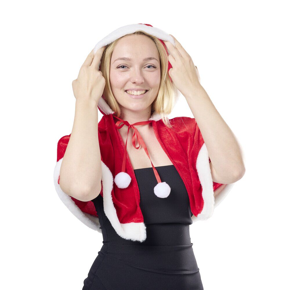 Cape de No&euml;l à capuche velours finition fourrure rouge et blanc taille unique