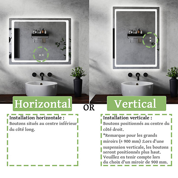 Miroir lumineux salle de bain rectangulaire 100x70 cm , 2 Interrupteurs, Anti-Buée, Miroir salle de bains