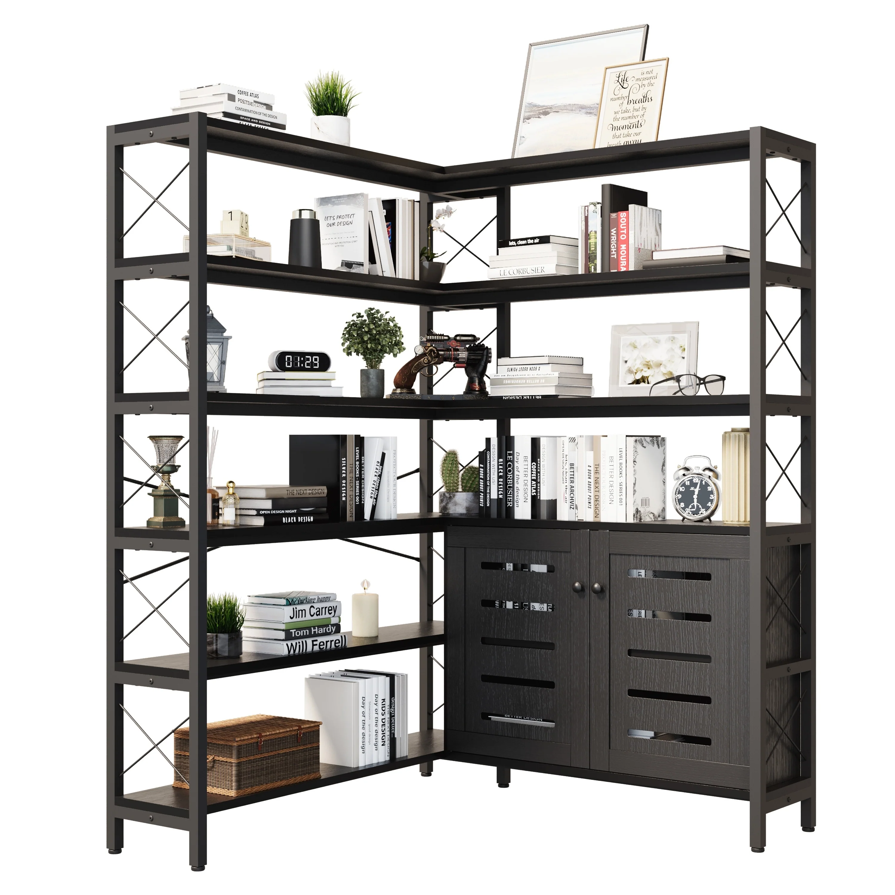 6-Shelf Corner Bookshelf, Vintage Industrial with Storage Cabinet, Large Bookcase Wooden - 6 Tier