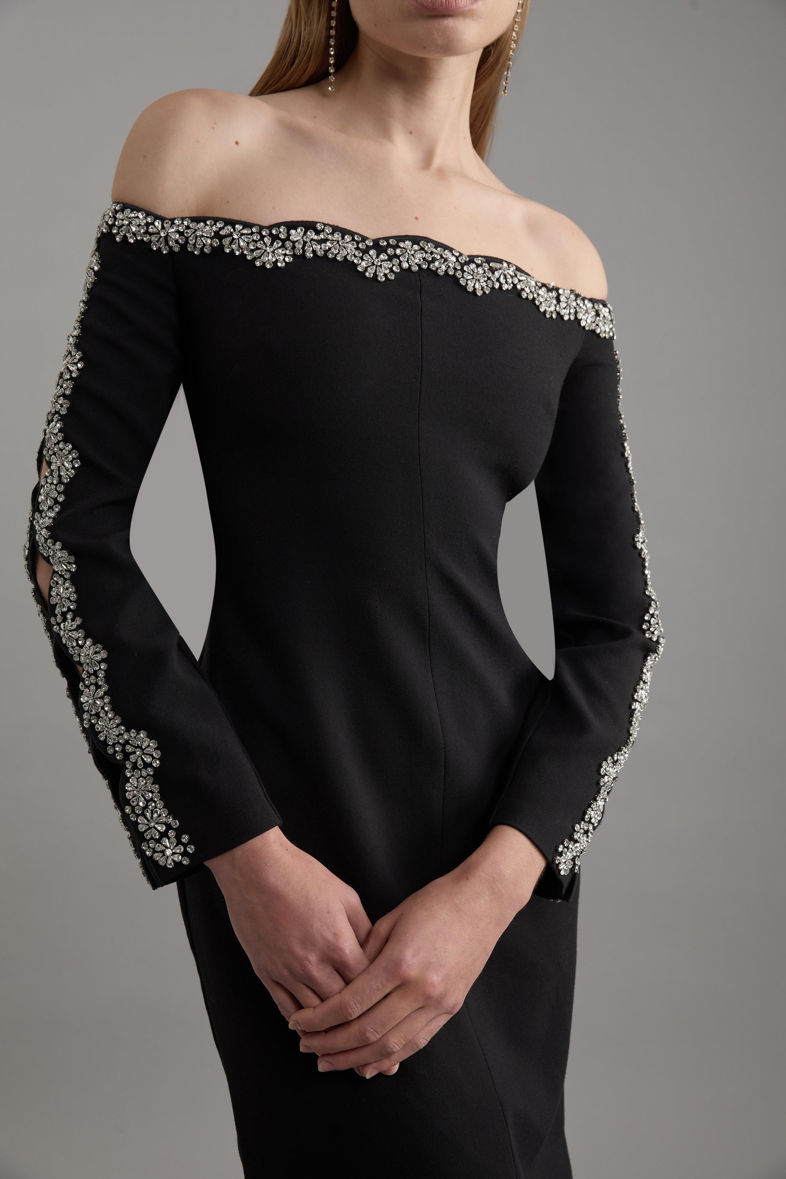 KarenMillen Crystal Embellished Scalloped Bardot Tailored Midaxi Dress