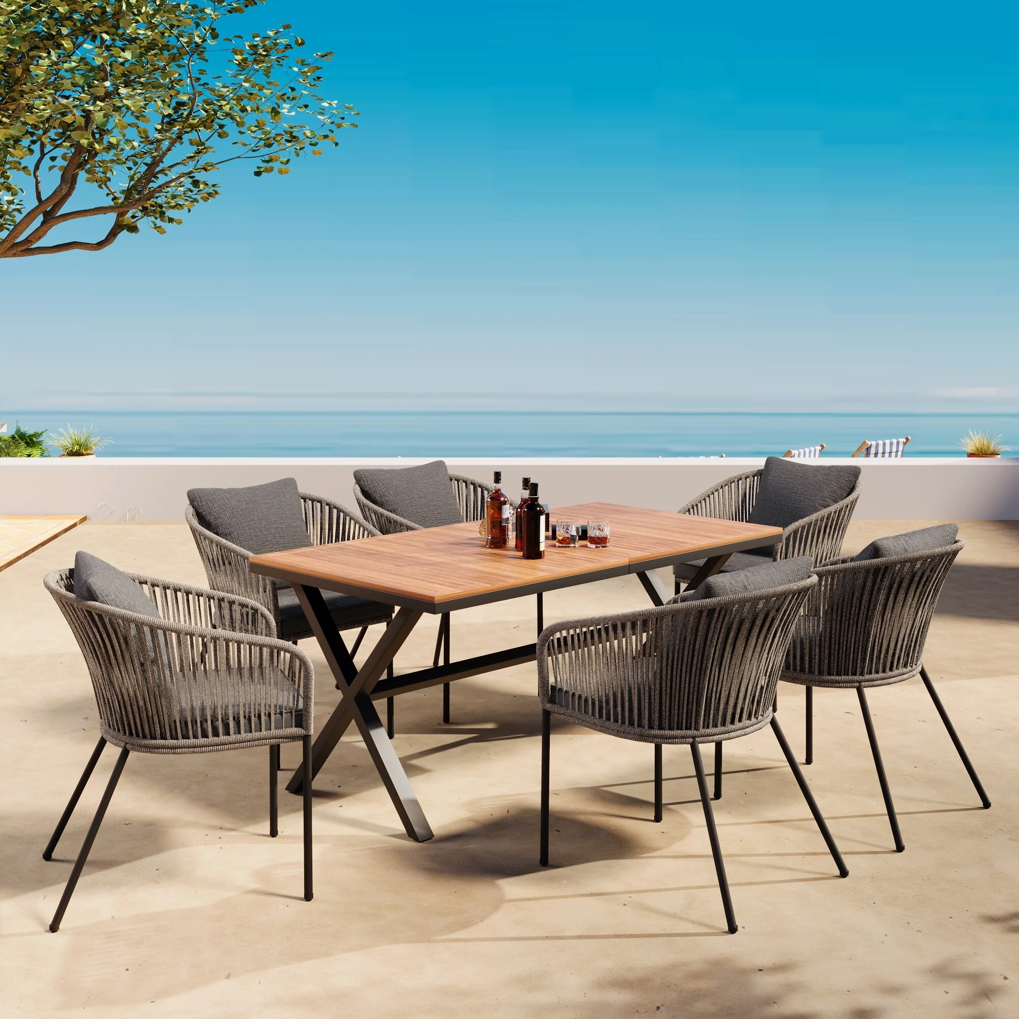 7 Pieces Patio Dining Set, All-Weather Outdoor Furniture Set with Dining Table and Chairs, Acacia Wood Tabletop, Metal F