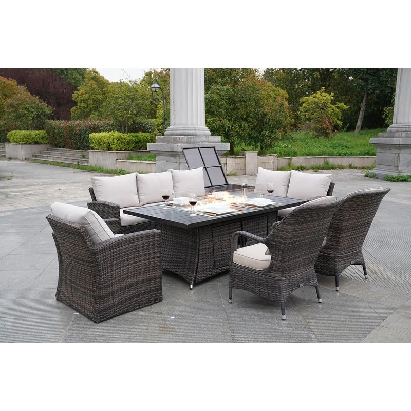 7-Piece Patio Rattan Sofa Set with Aluminum Dining Table and Armchairs