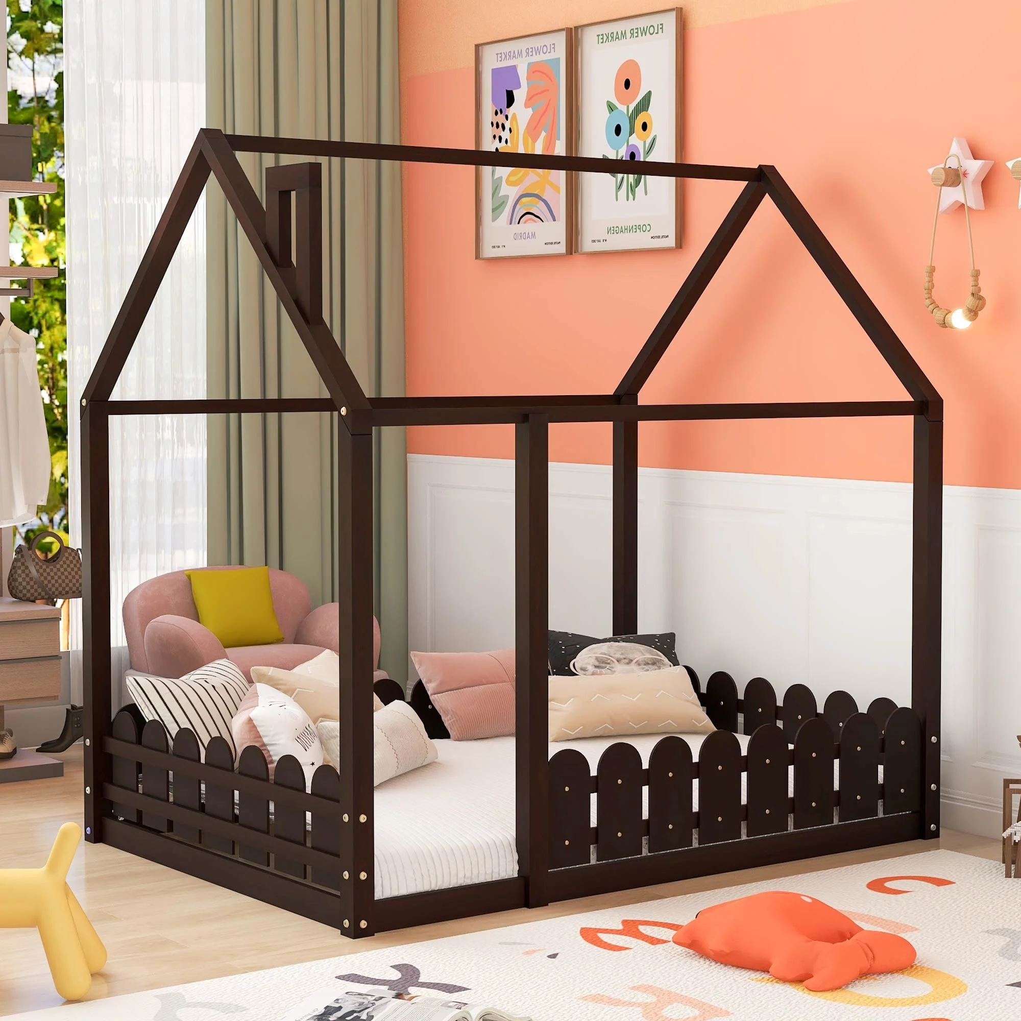 Full House Bed Frame for Kids, Sturdy Pine Wood with Playhouse Design and Fence