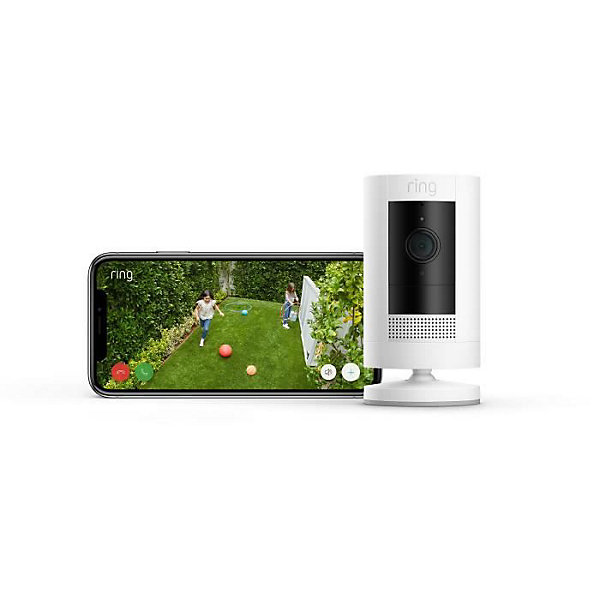 Caméra RING Stick Up Batterie HD 1080p sans fil rechargeable blanche