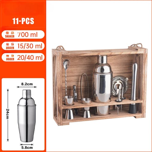 NNEOBA 11PC Bartender Cocktail Shaker Mixer Kit with Wooden Shelf