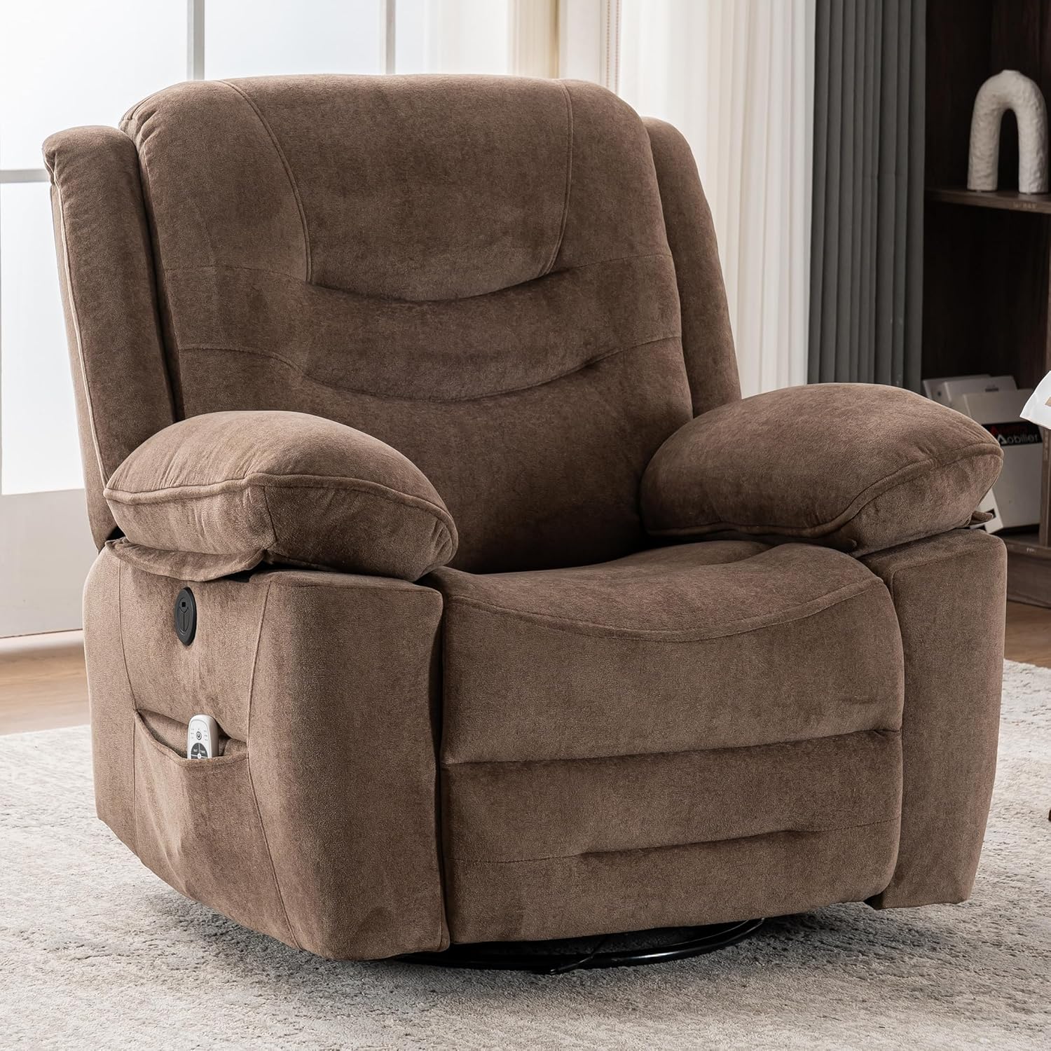 Power Swivel Rocker Recliner with Massage and Heat, USB Port, Infinite Position, Oversized Electric Glider Rocking Chairs Living Room, Soft Fabric Reclining Sofa Chair(Mocha)
