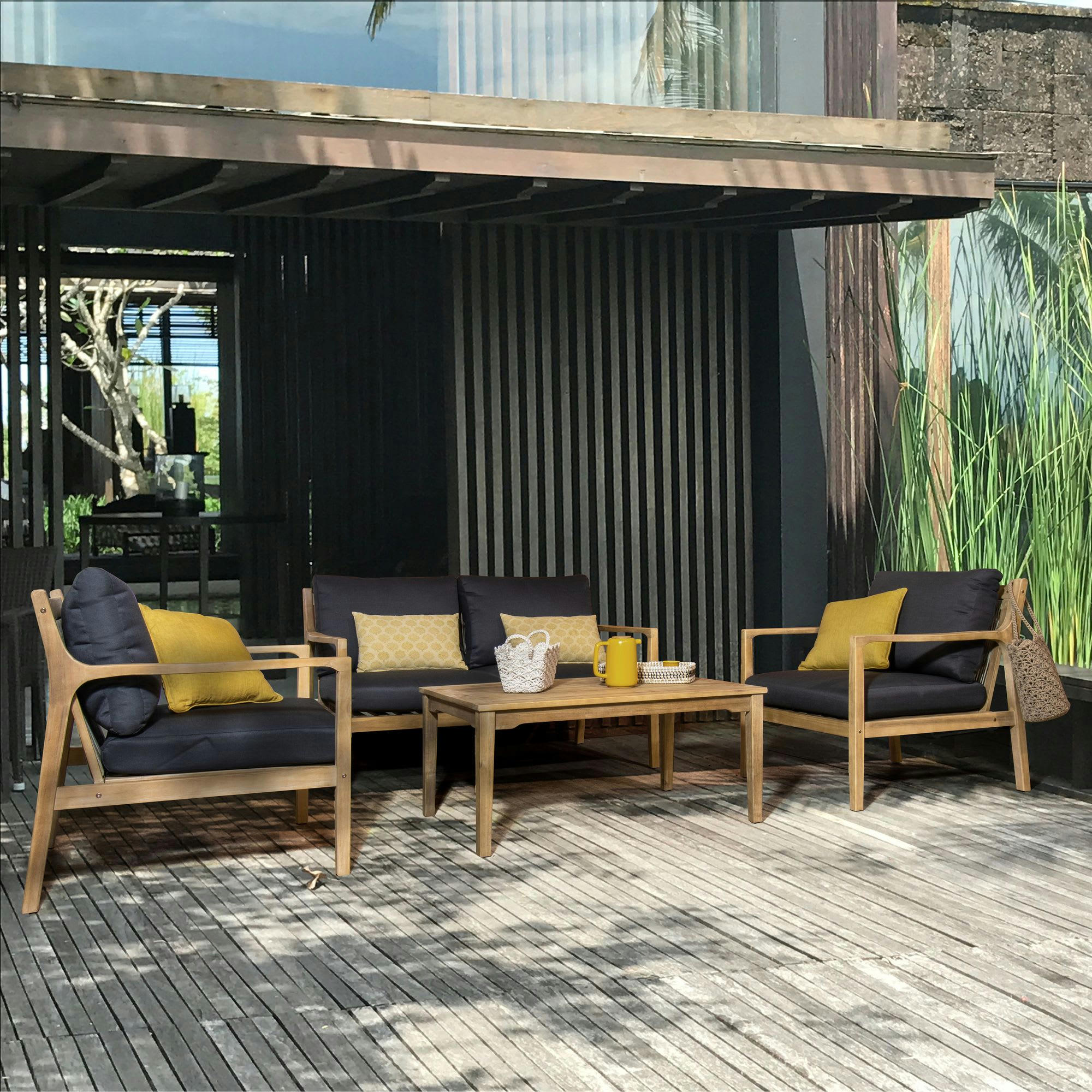 NASSAU - Salon de jardin en bois d'acacia et coussins gris anthracite 4 places