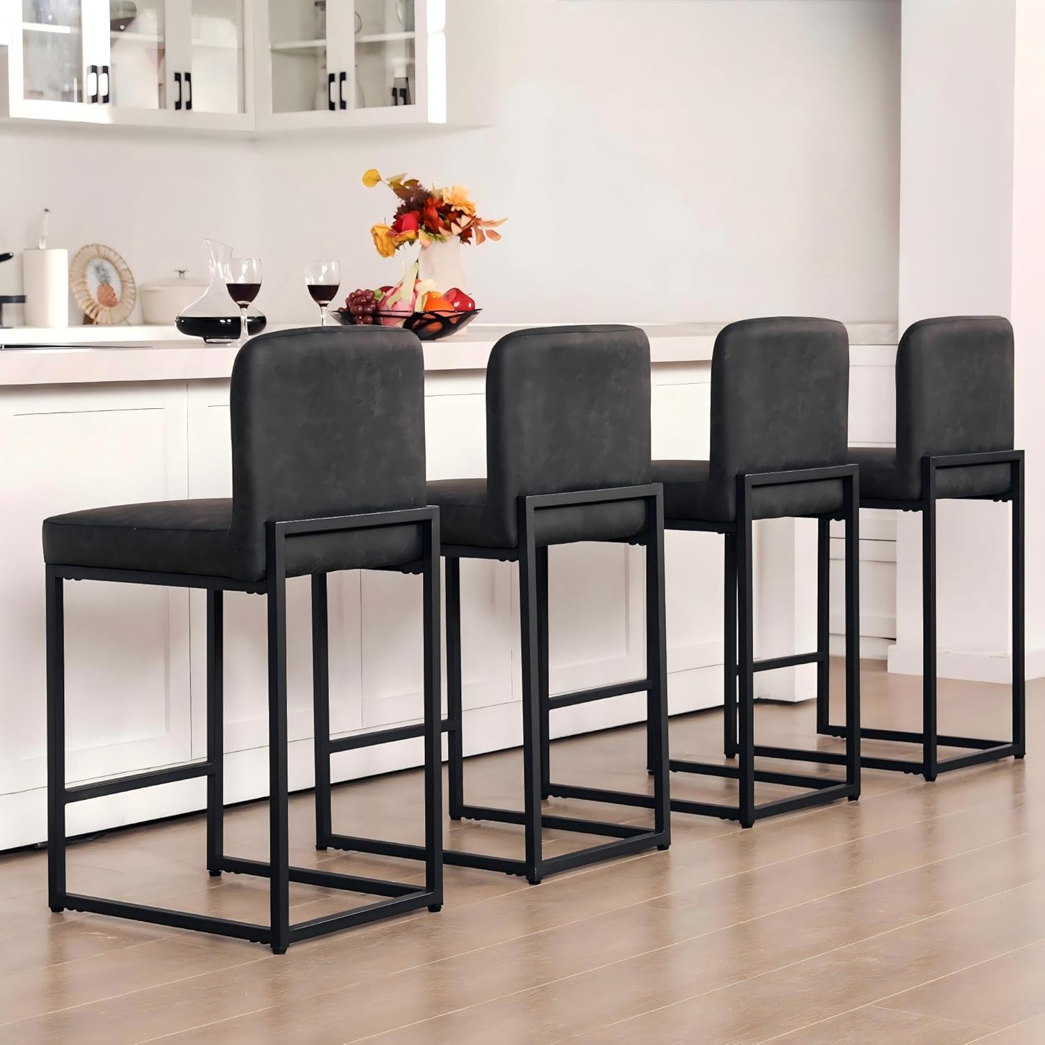 ALPHA HOME 24 Inch Bar Stools, Kitchen Counter Stools with Backs, Black Bar Stools Set of 4, PU Leather Barstools, Kitchen Stools with Back&Upholstered Footrest, Sturdy Chromed Metal Steel Frame