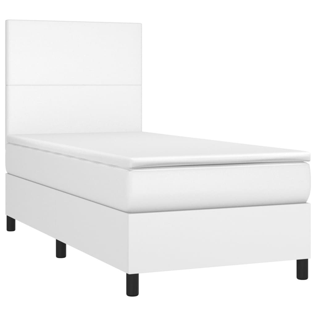 Łóżko kontynentalne z materacem LED, biała ekoskóra 90x200