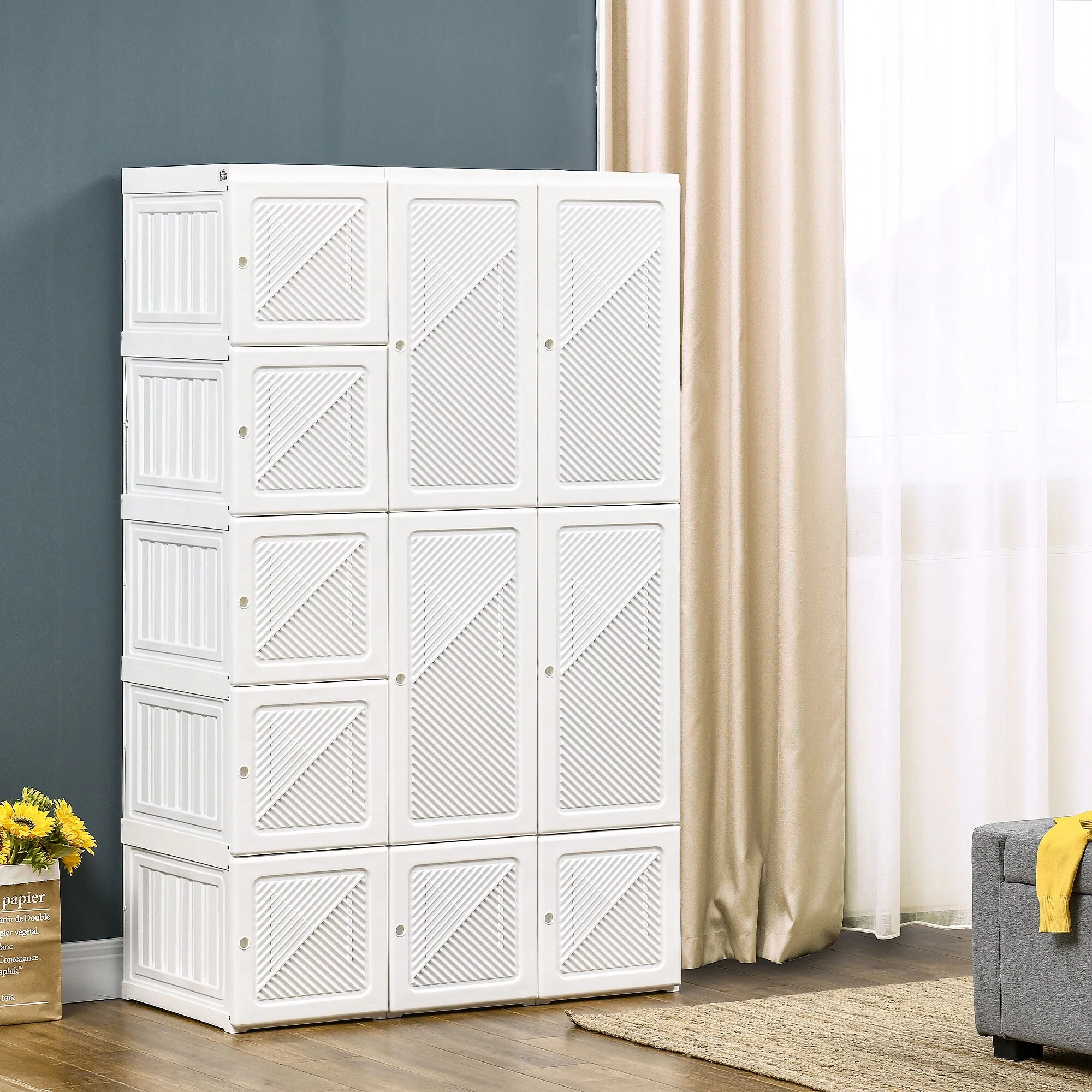 41 Modern Folding Armoire with 11 Cube Compartments, Hanging Rod and Magnet Doors
