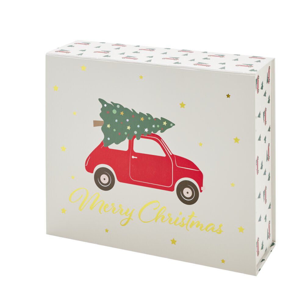 BoÎte cadeau No&euml;l pliable fermeture magnétique Merry Christmas sapin 30x35cm
