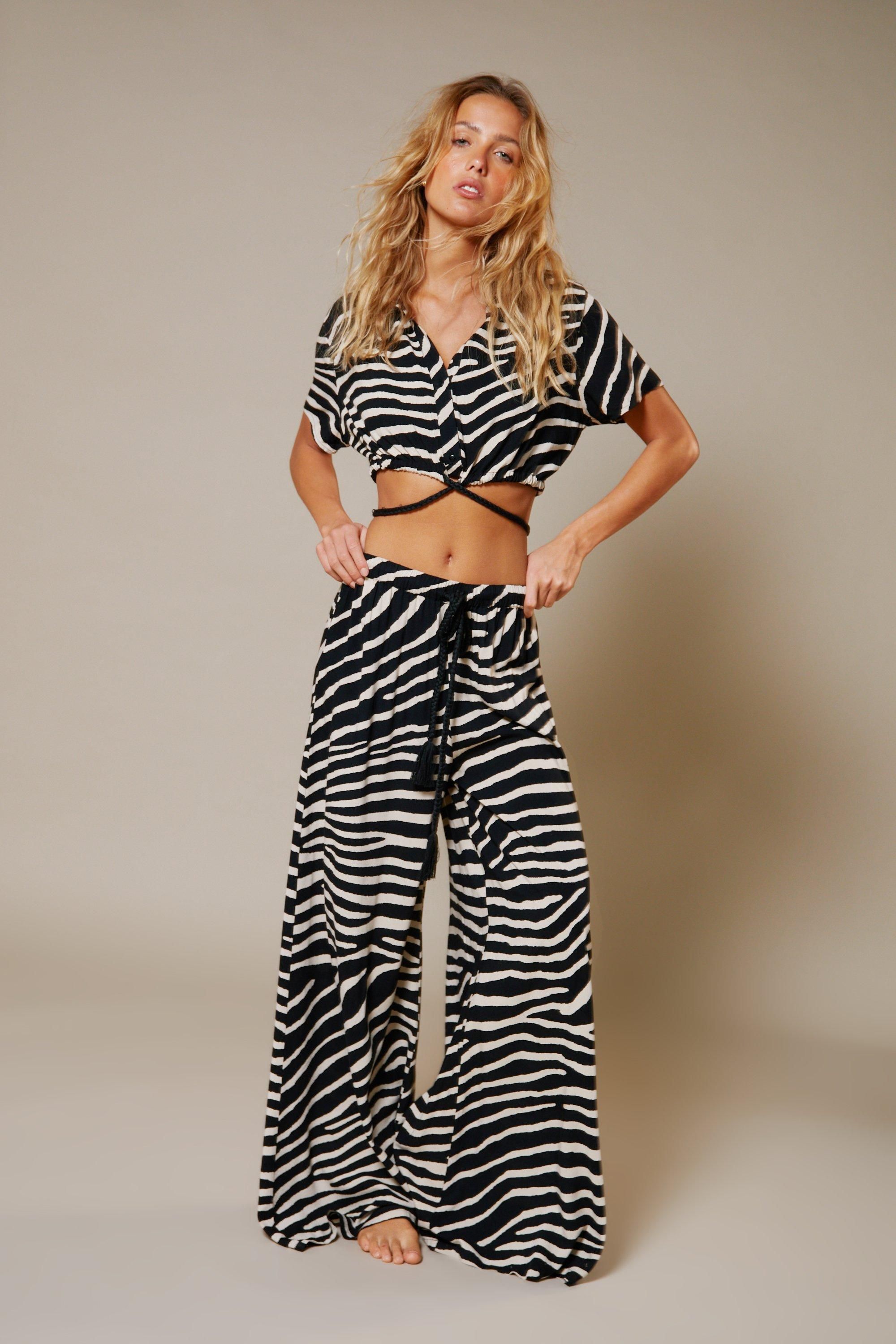 Warehouse Rayon Zebra Rope Waist Floss Wide Leg Trouser