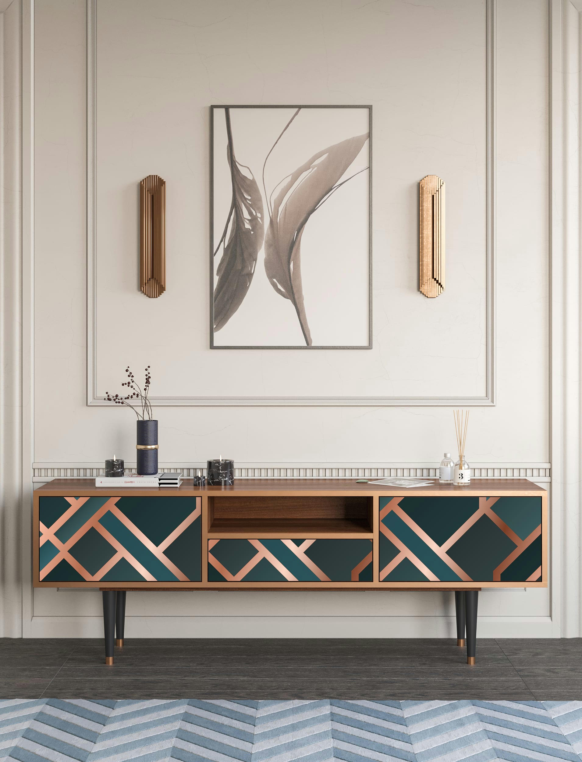 BRONZE CROSSROAD - Meuble TV  bleu-vert 1 tiroir et 2 portes L 170 cm