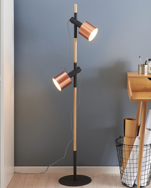 Lampa stojąca drewno czarna złote klosze