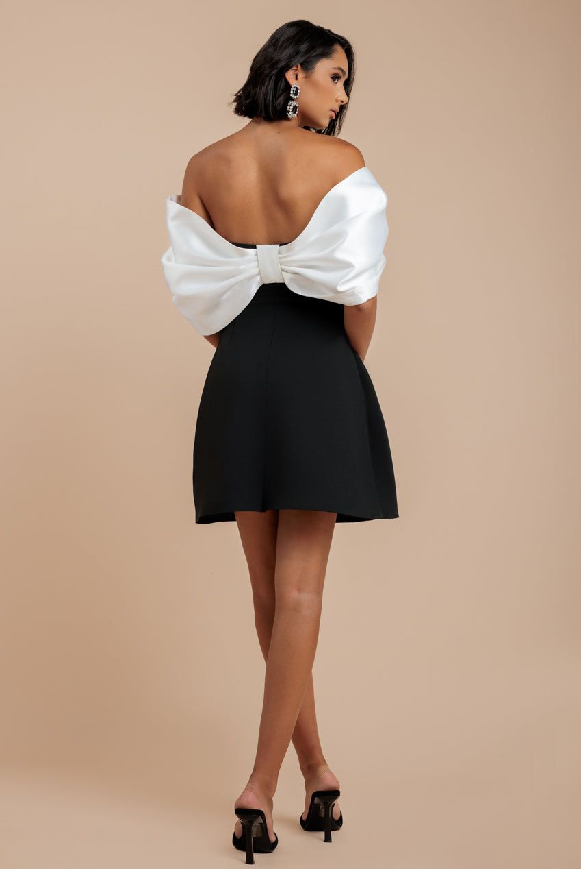 Goddiva Contrast Off Shoulder Back Satin Bow Scuba Mini Dress