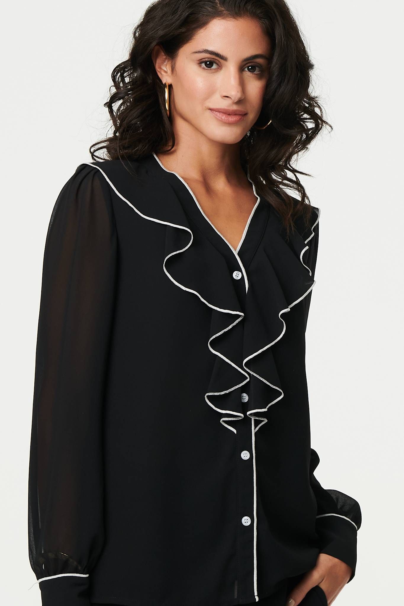 Izabel London Contrast Trim Semi Sheer Ruffled Blouse