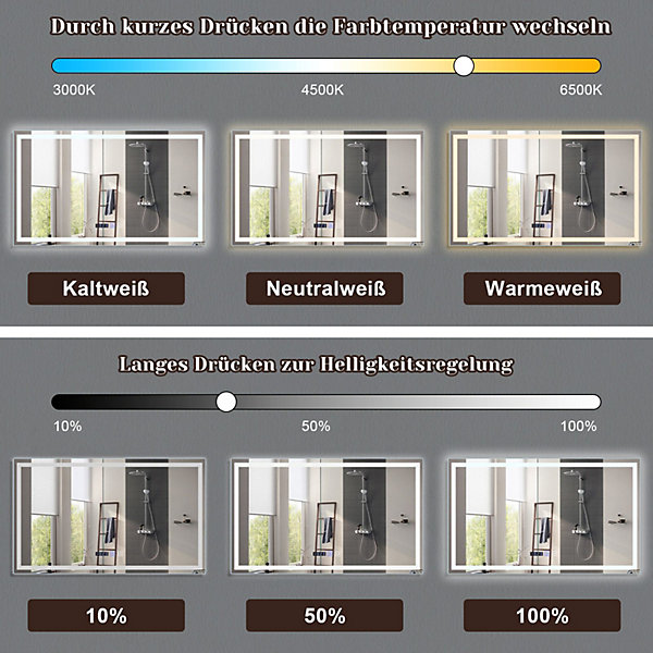 NETTLIFE Miroir lumineux salle de bain - 100x60 cm LED, IP44, interrupteur tactile, horloge désembuage, réglable