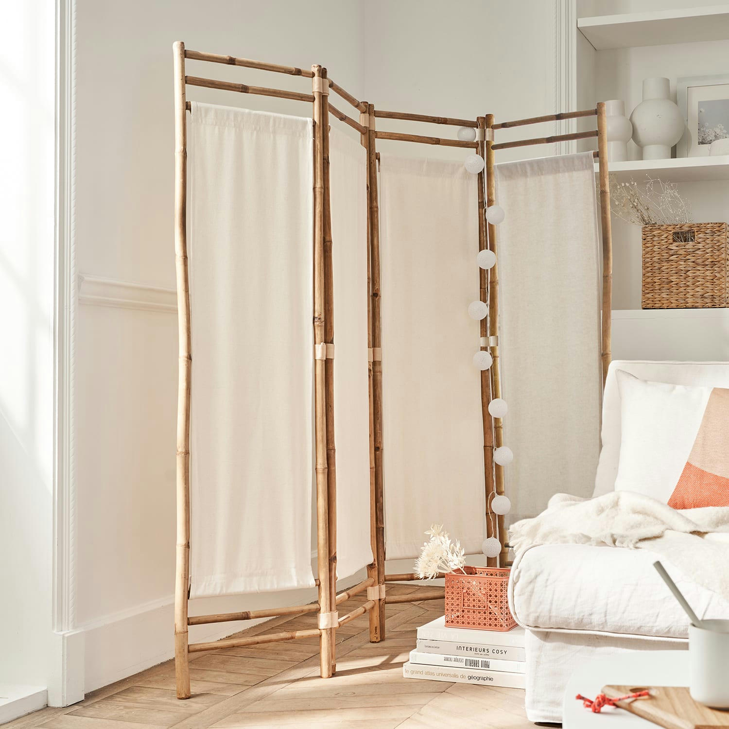 - Paravent en polycoton et bambou blanc 160x160cm