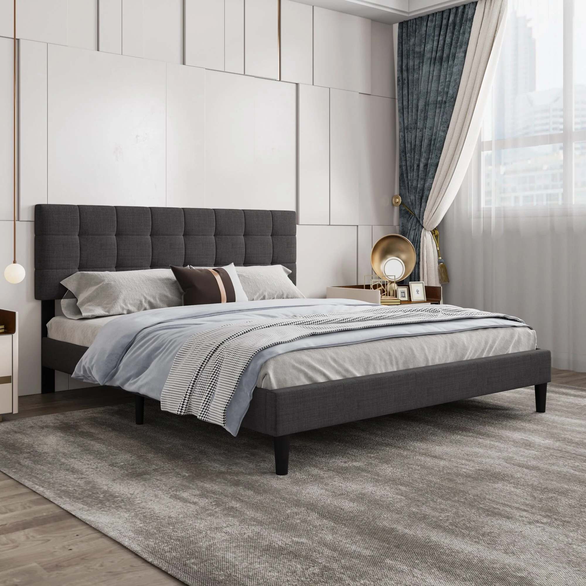 Alazyhome Square Tufted Upholstered Platform Bed Frame