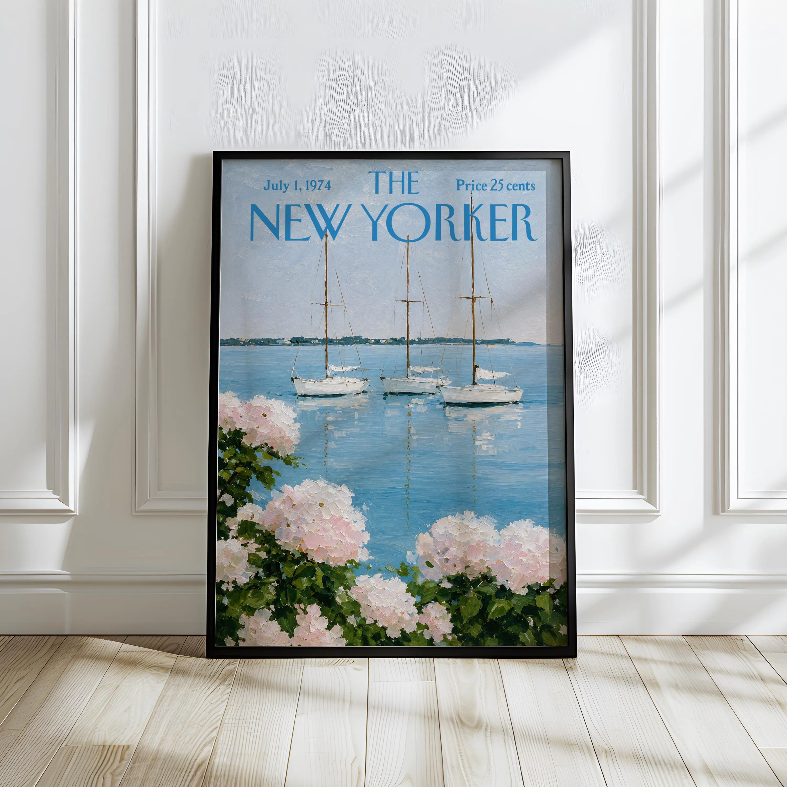 Vintage New Yorker Sailboat Poster, Coastal Harbor Wall Art, Hydrangea Seaside Print, Nautical Magazine Cover, New England Summer
